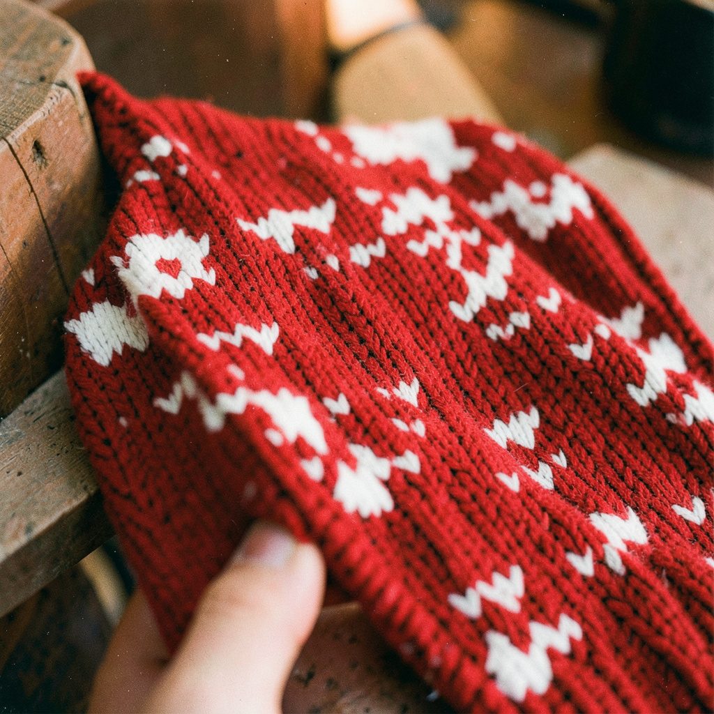 A well-loved knitting reference book open to a page of cable-knit swatches, with wooden knitting needles crossed on top.