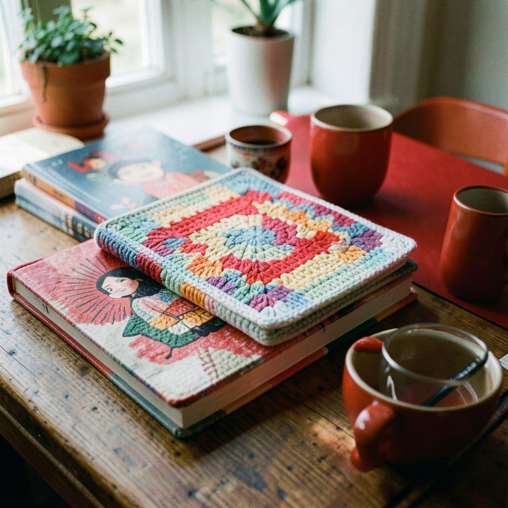 An open crochet pattern book showing a delicate lace doily in progress, with a steel crochet hook resting across the page.