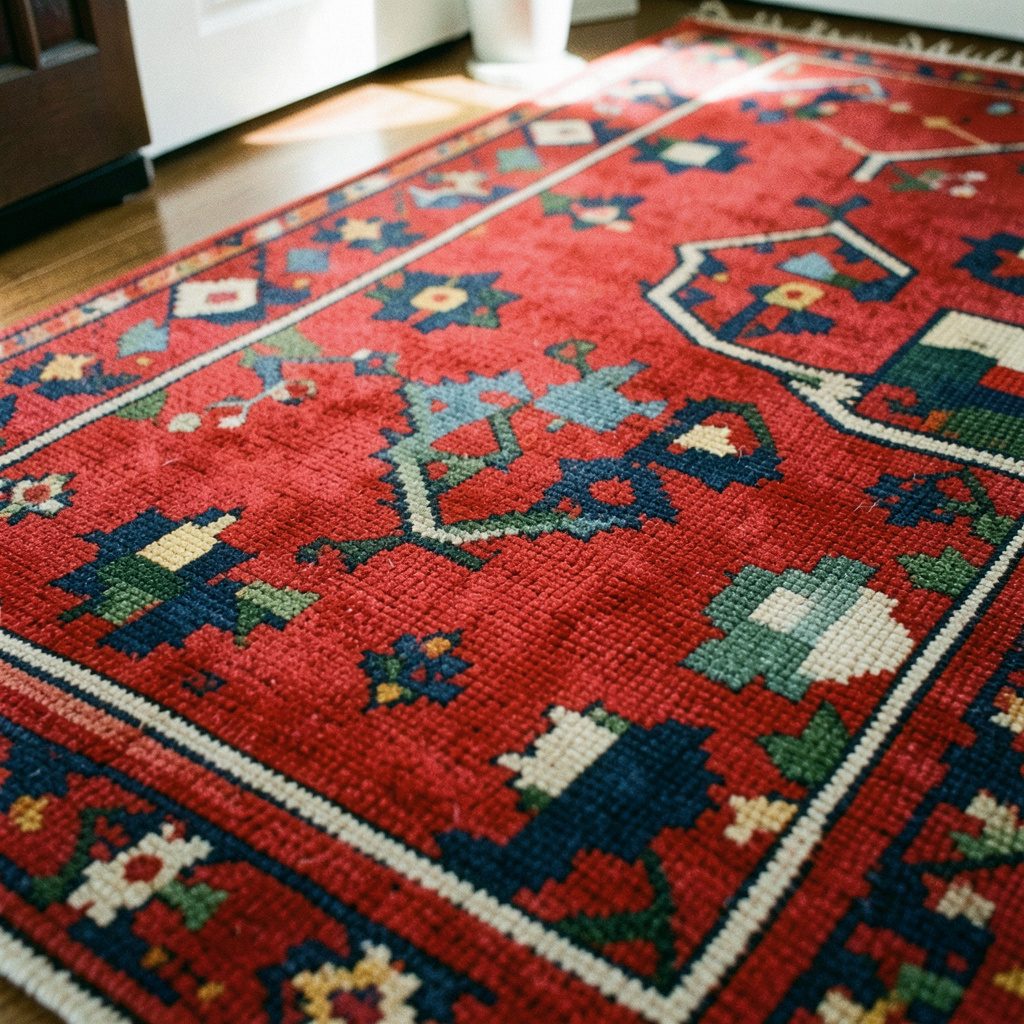 A richly colored needlepoint carpet in progress on a wooden frame, showing intricate geometric motifs in deep reds, golds, and navy blues against a cream background.