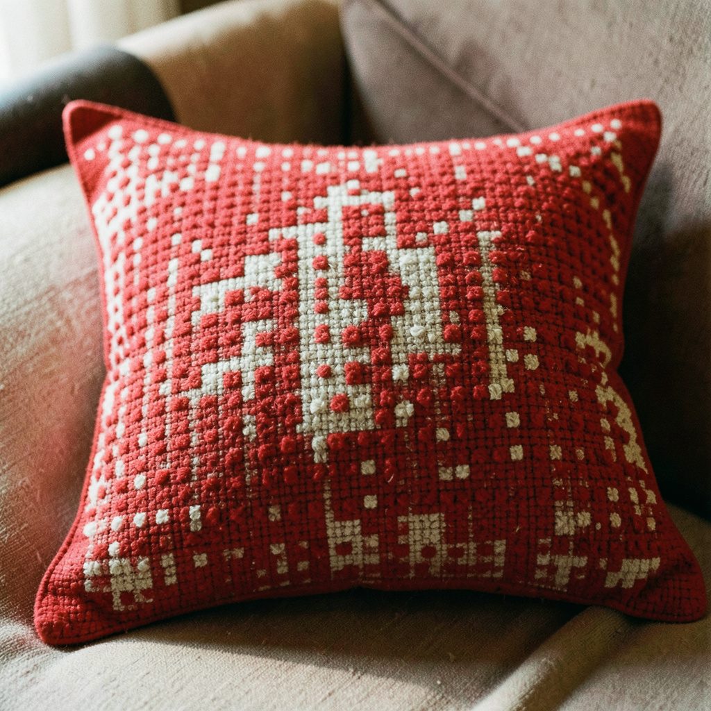 A needlepoint cushion cover in progress on a cream canvas, showing a symmetrical floral pattern in soft rose, sage green, and dusty blue.
