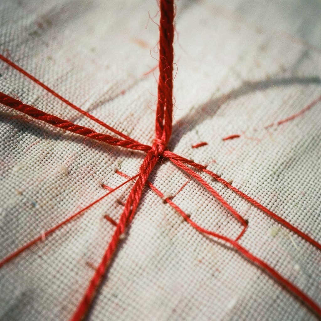 A needlepoint sampler showing box-stitch variations in muted teal, coral, and cream threads, with square and rectangular motifs on even-weave fabric.