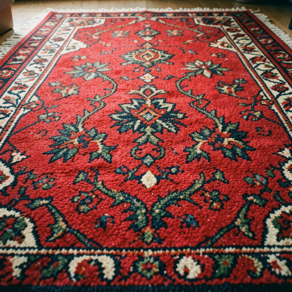 A richly textured needlepoint carpet in warm burgundy, gold, and cream tones, with intricate geometric floral motifs spread across a flat woven surface.