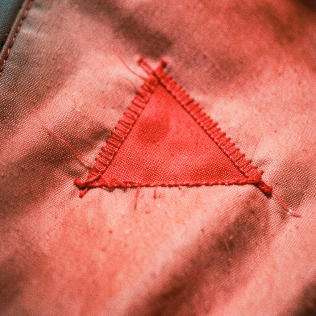 A triangle ray stitch radiating outward in golden-yellow and soft brown threads on a neutral ground.